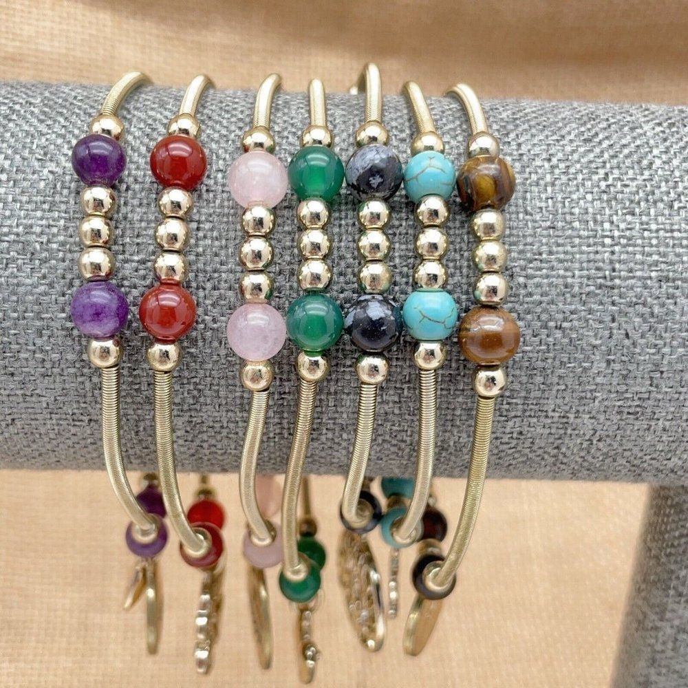 R.L. Graziano Inspire 7 pc Stretch Bracelets Semi Precious Gemstones Charms